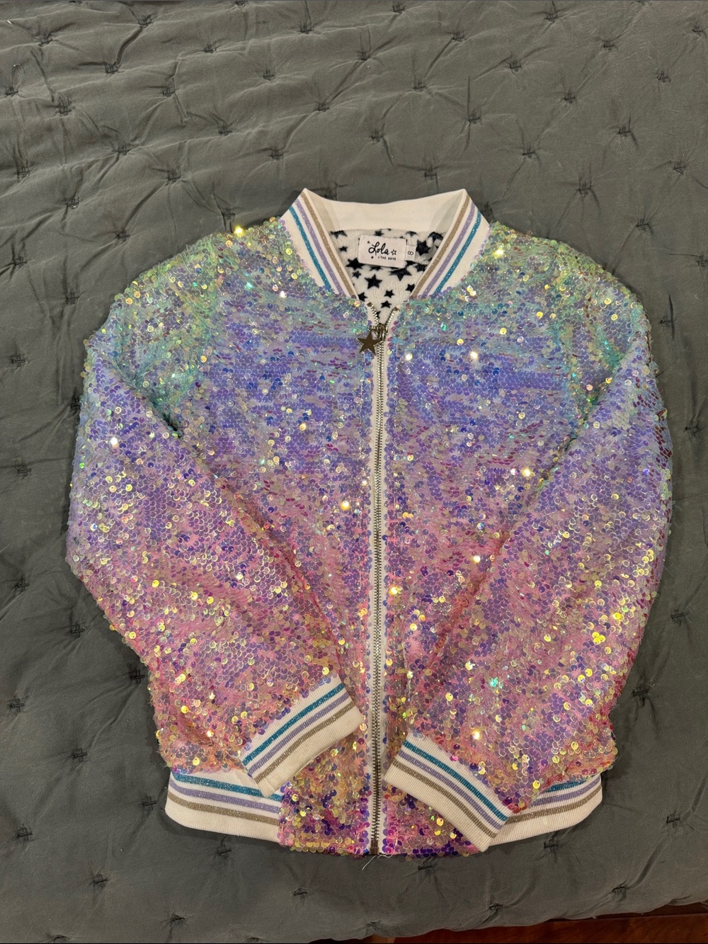 Lola + The Boys Pastel Rainbow Sequin Bomber Jacket
